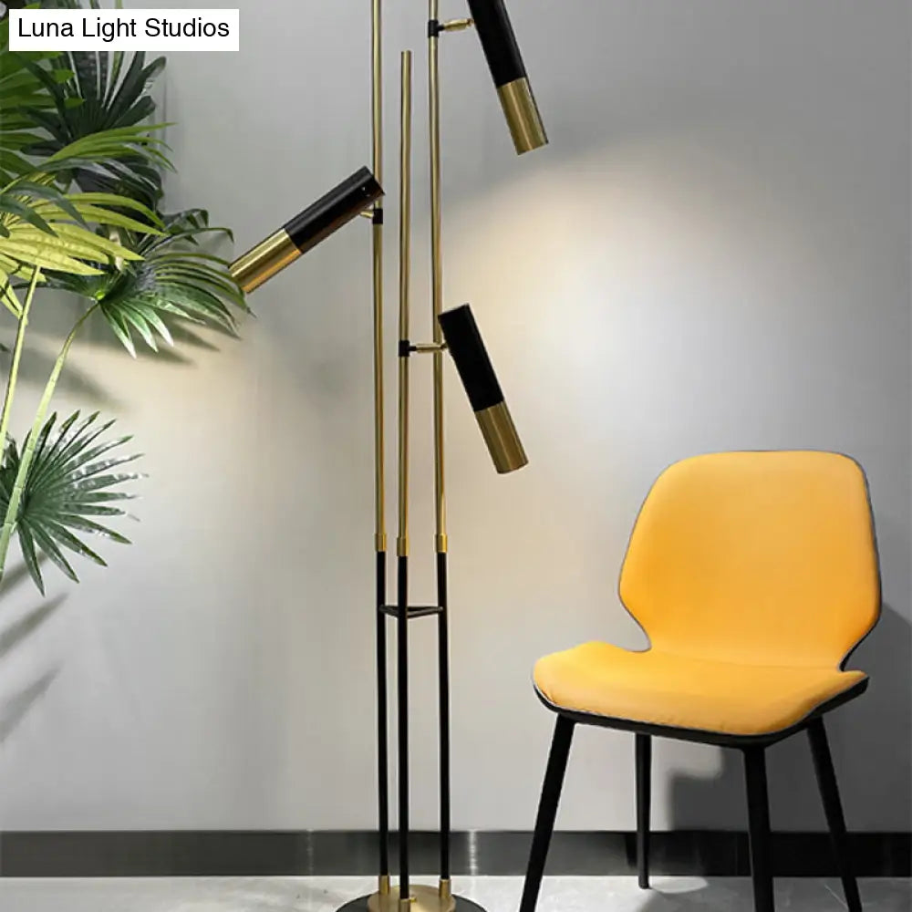 Modern 3-Light Floor Lamp In Gold And Black With Tubular Spotlight Metal Shade