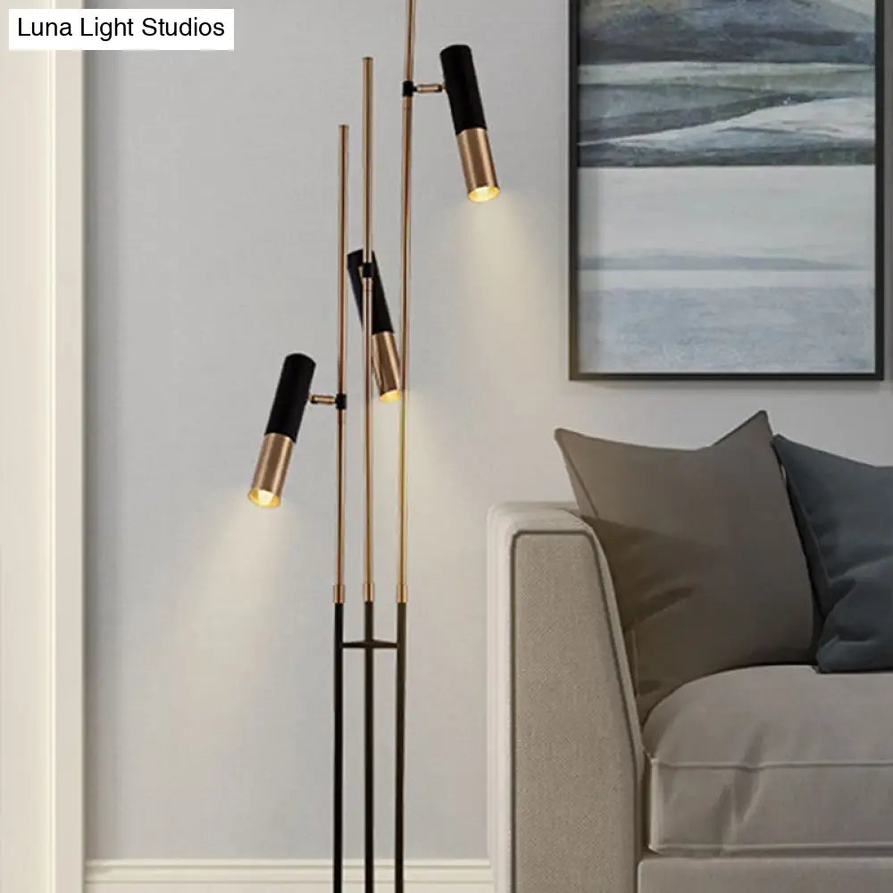 Modern 3-Light Floor Lamp In Gold And Black With Tubular Spotlight Metal Shade