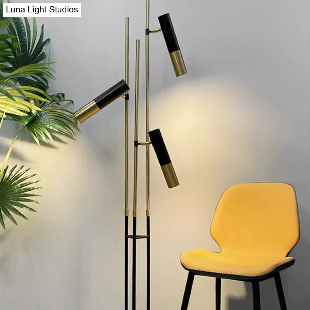 Modern 3-Light Floor Lamp In Gold And Black With Tubular Spotlight Metal Shade