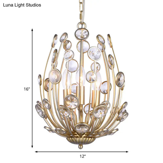 Gold Floral Chandelier With 3 Lights - Modern Style Metal And Crystal Hanging Fixture For Dining