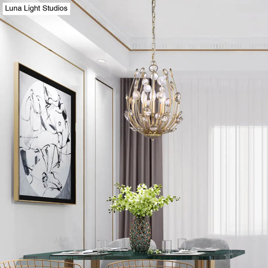 Gold Floral Chandelier With 3 Lights - Modern Style Metal And Crystal Hanging Fixture For Dining