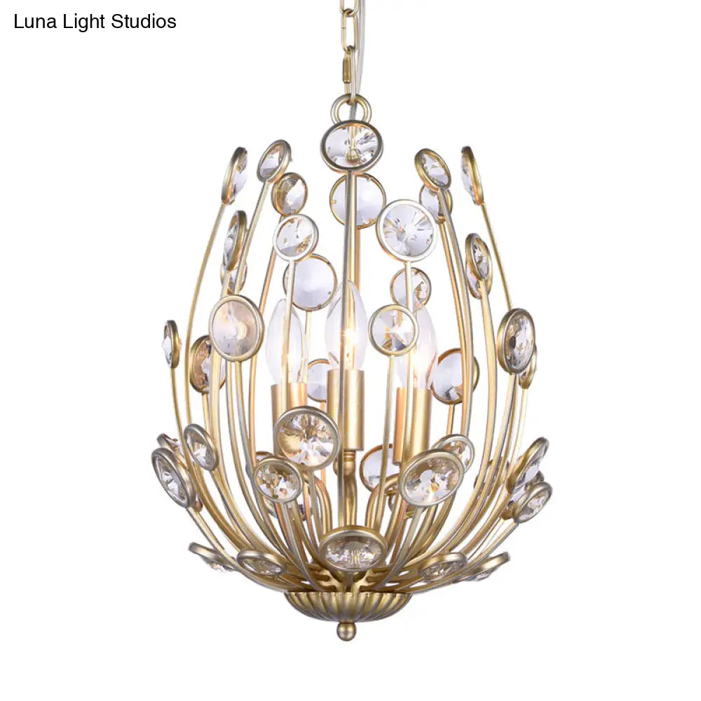 Gold Floral Chandelier With 3 Lights - Modern Style Metal And Crystal Hanging Fixture For Dining