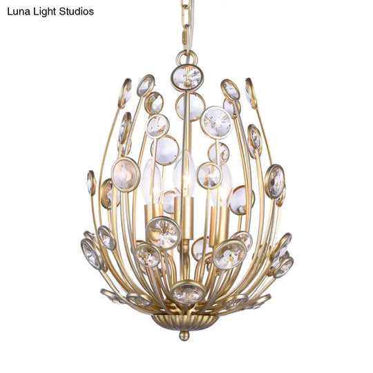 Gold Floral Chandelier With 3 Lights - Modern Style Metal And Crystal Hanging Fixture For Dining