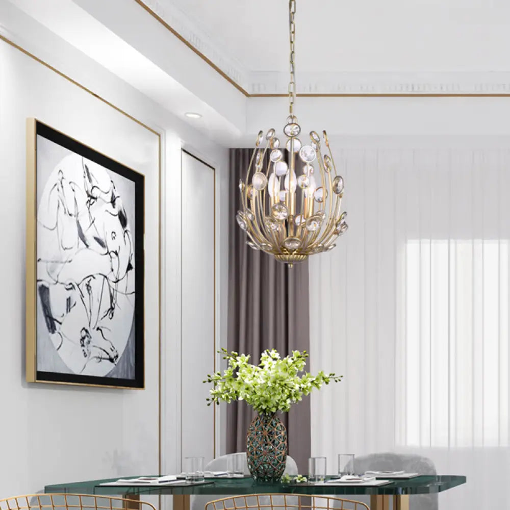 Modern 3-Light Floral Chandelier In Gold - Metal And Crystal Hanging Light Fixture For Dining Room