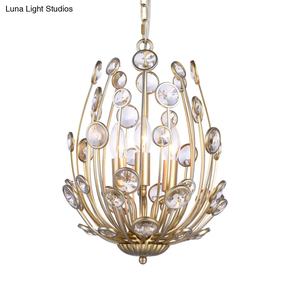 Modern 3-Light Floral Chandelier In Gold - Metal And Crystal Hanging Light Fixture For Dining Room