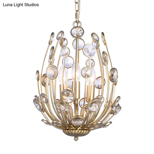 Modern 3-Light Floral Chandelier In Gold - Metal And Crystal Hanging Light Fixture For Dining Room