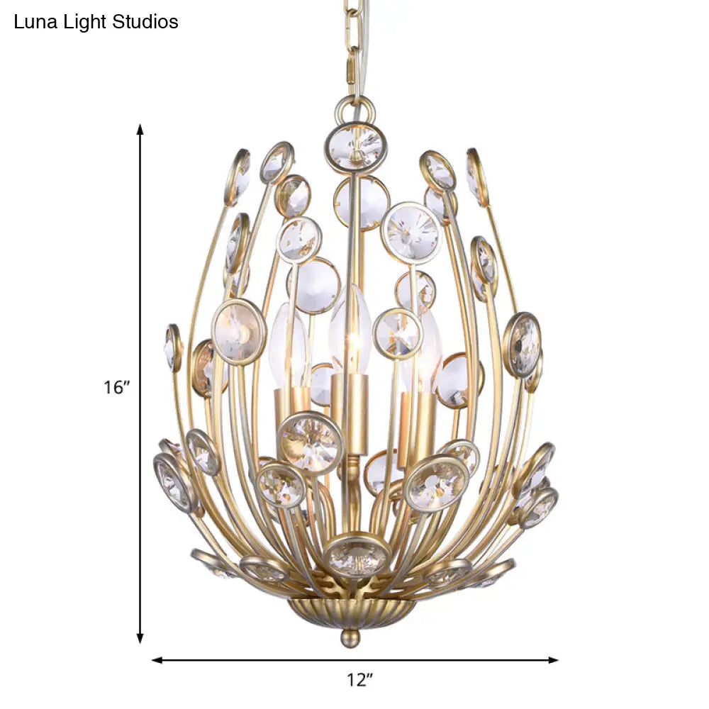 Modern 3-Light Floral Chandelier In Gold - Metal And Crystal Hanging Light Fixture For Dining Room