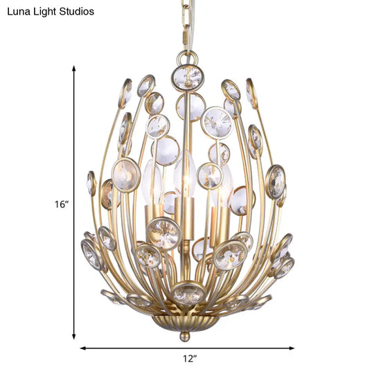 Modern 3-Light Floral Chandelier In Gold - Metal And Crystal Hanging Light Fixture For Dining Room