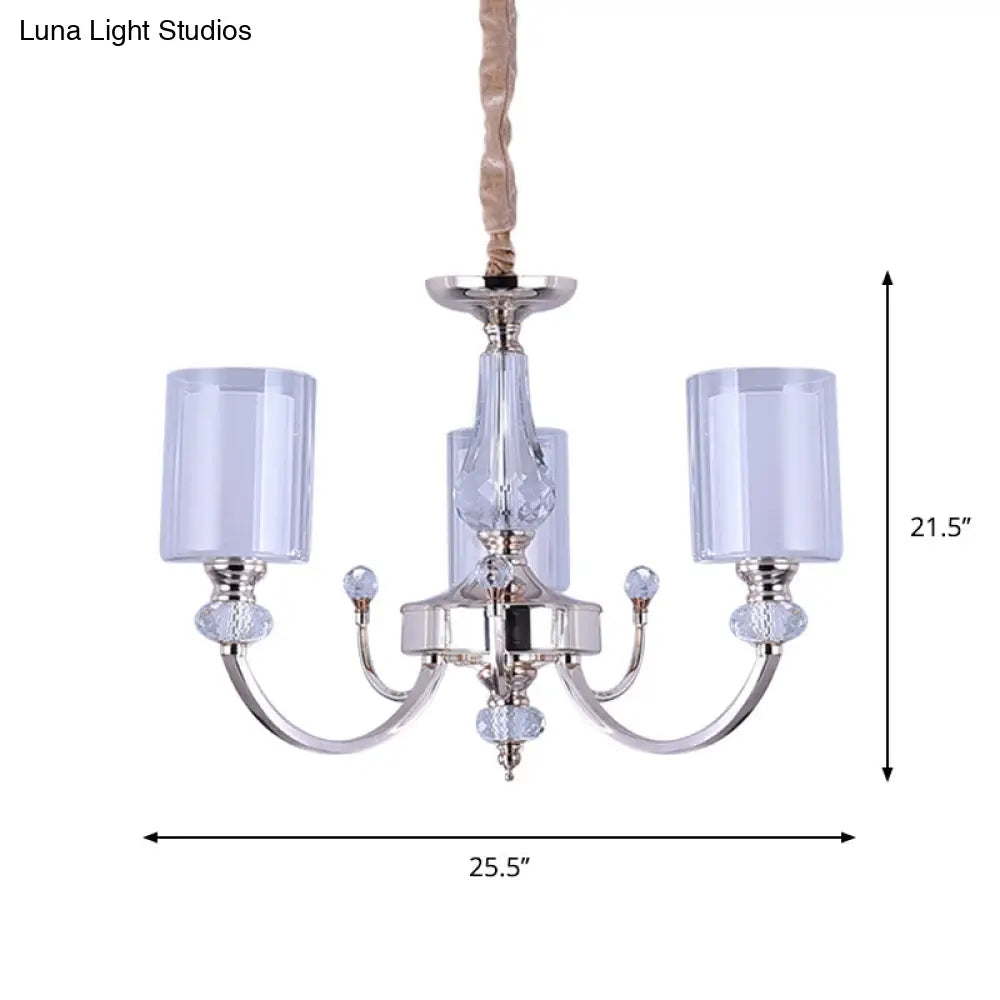 Contemporary Dual-Cylinder Gold Chandelier - 3 Lights Clear & White Glass Shade