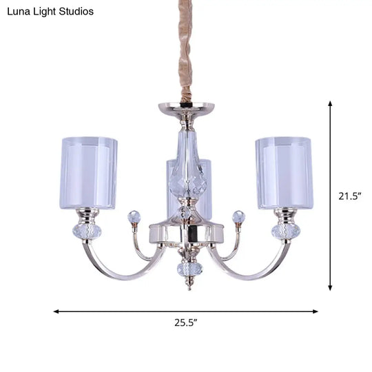 Contemporary Dual-Cylinder Gold Chandelier - 3 Lights Clear & White Glass Shade