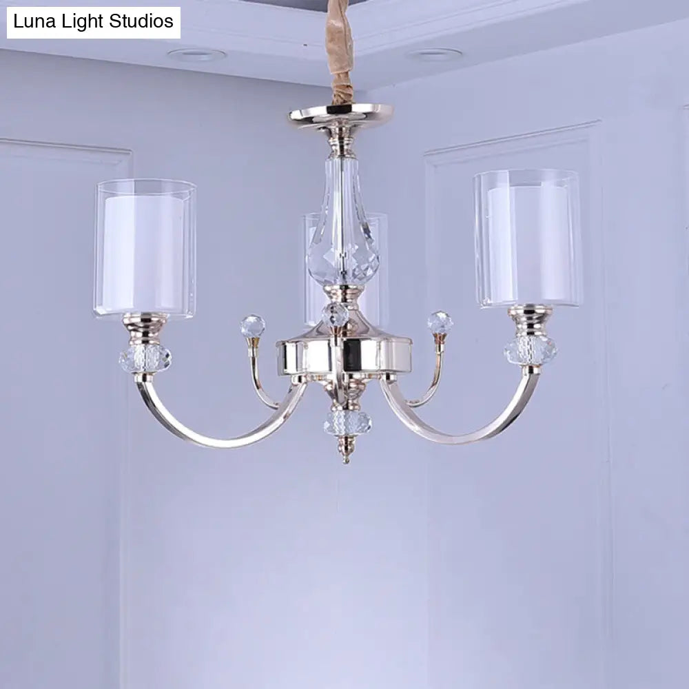 Contemporary Dual-Cylinder Gold Chandelier - 3 Lights Clear & White Glass Shade