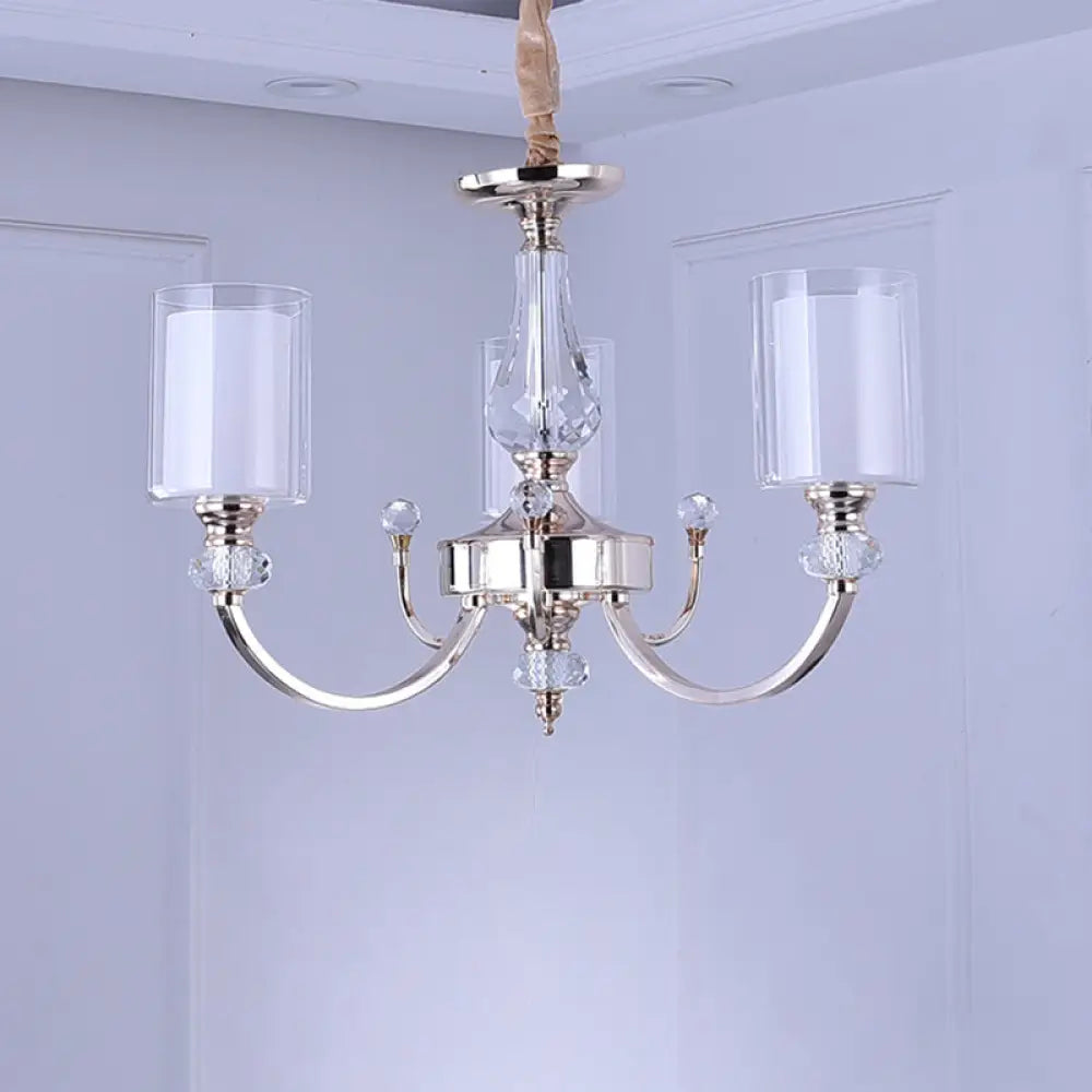 Modern 3-Light Gold Dual-Cylinder Chandelier With Clear And White Glass Shade