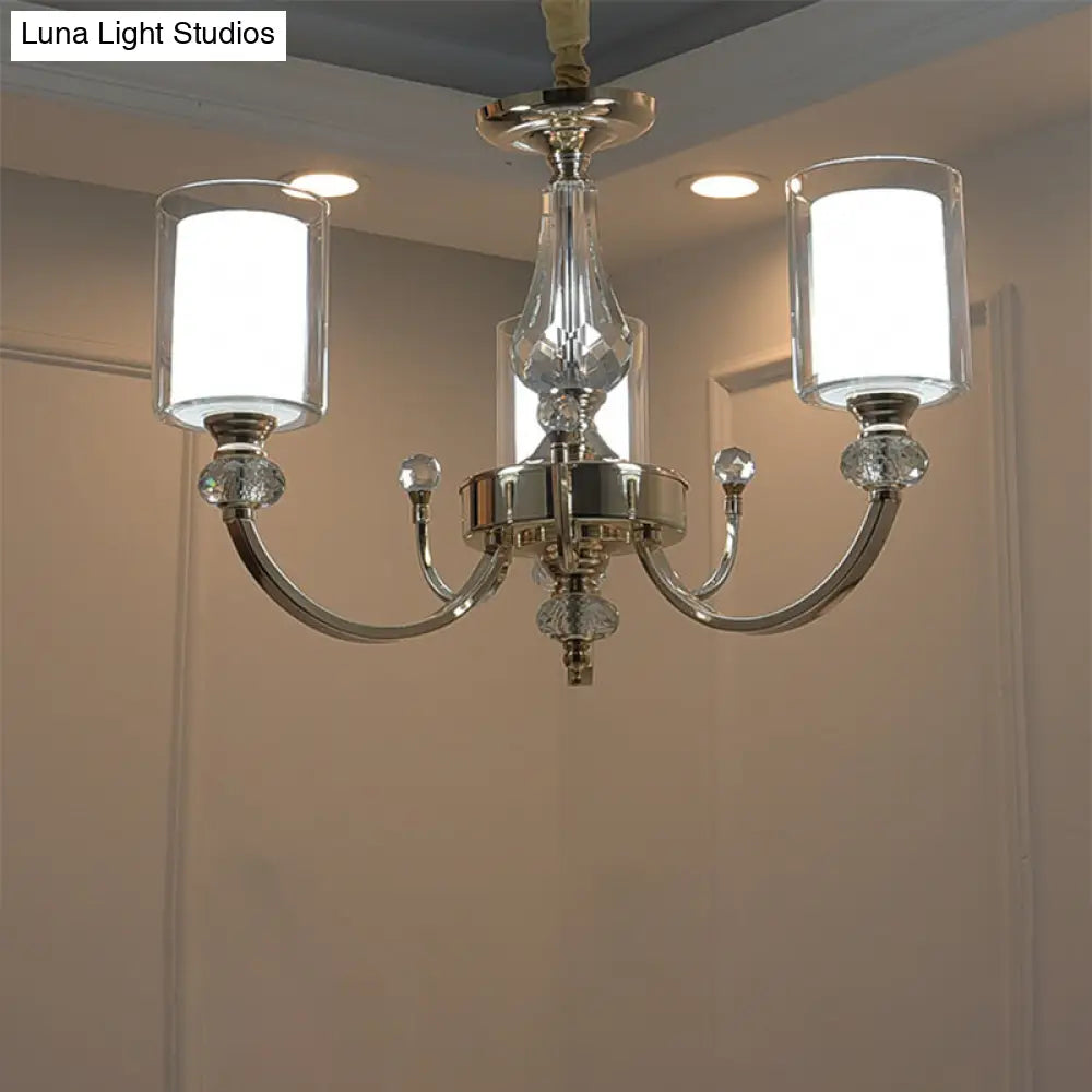 Contemporary Dual-Cylinder Gold Chandelier - 3 Lights Clear & White Glass Shade