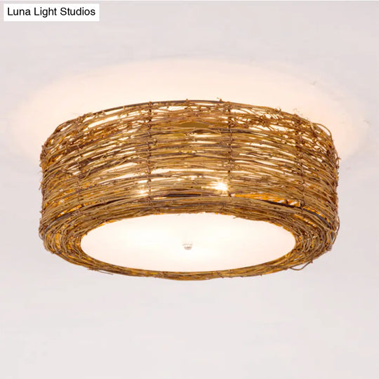 Modern 3-Light Rattan Flush Mount Ceiling Lamp - Hand-Woven Round Shade In Brown 16/19.5 Width / 16