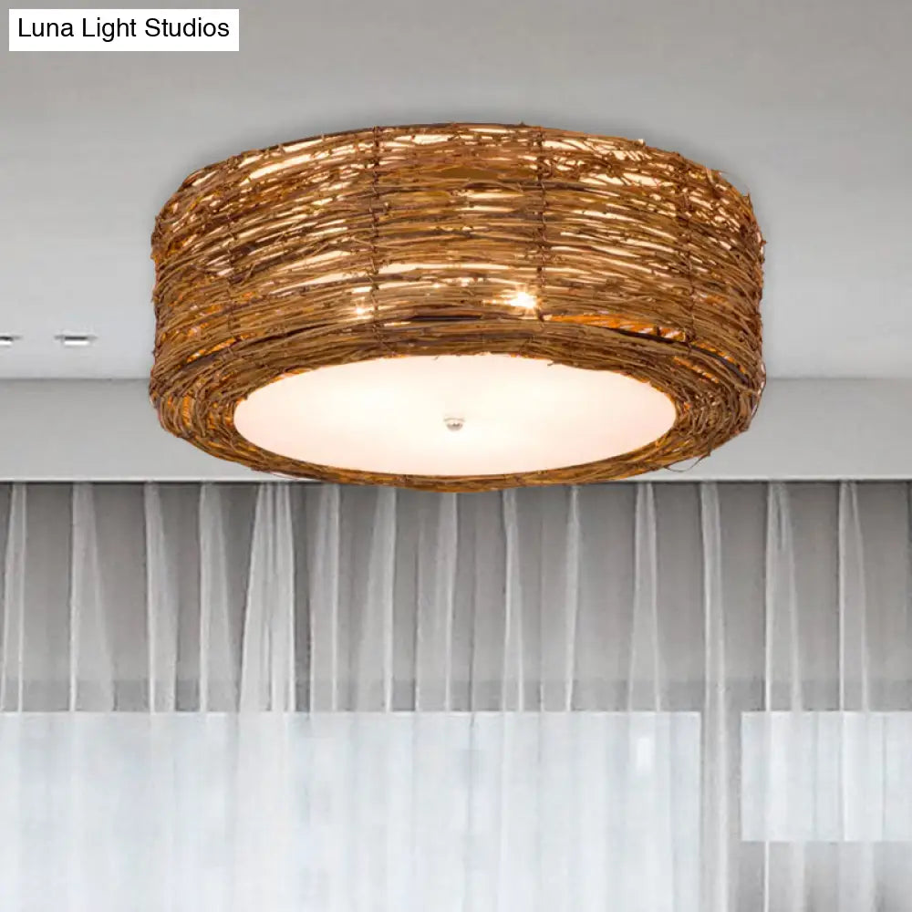 Modern 3-Light Rattan Flush Mount Ceiling Lamp - Hand-Woven Round Shade In Brown 16/19.5 Width Light