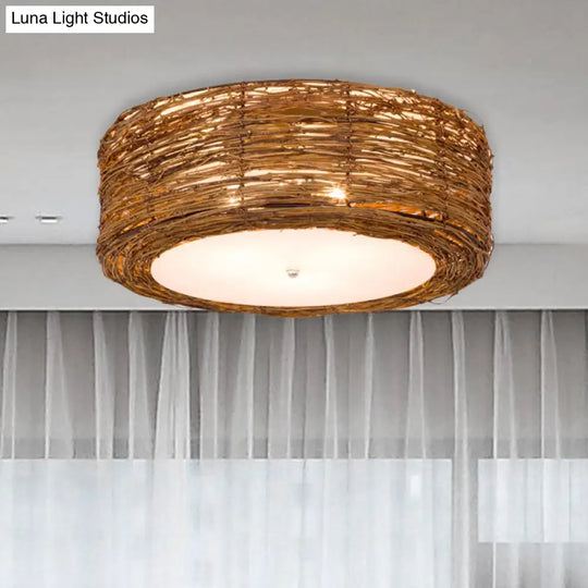 Modern 3-Light Rattan Flush Mount Ceiling Lamp - Hand-Woven Round Shade In Brown 16/19.5 Width Light