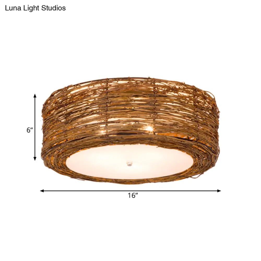 Modern 3-Light Rattan Flush Mount Ceiling Lamp - Hand-Woven Round Shade In Brown 16’/19.5’