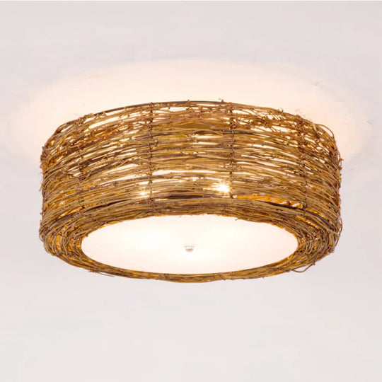 Modern 3-Light Rattan Flush Mount Ceiling Lamp - Hand-Woven Round Shade In Brown 16’/19.5’