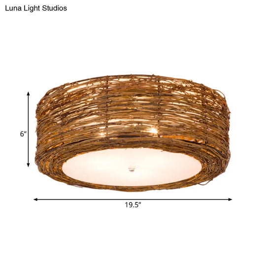 Modern 3-Light Rattan Flush Mount Ceiling Lamp - Hand-Woven Round Shade In Brown 16’/19.5’