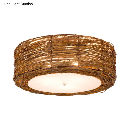 Modern 3-Light Rattan Flush Mount Ceiling Lamp - Hand-Woven Round Shade In Brown 16’/19.5’