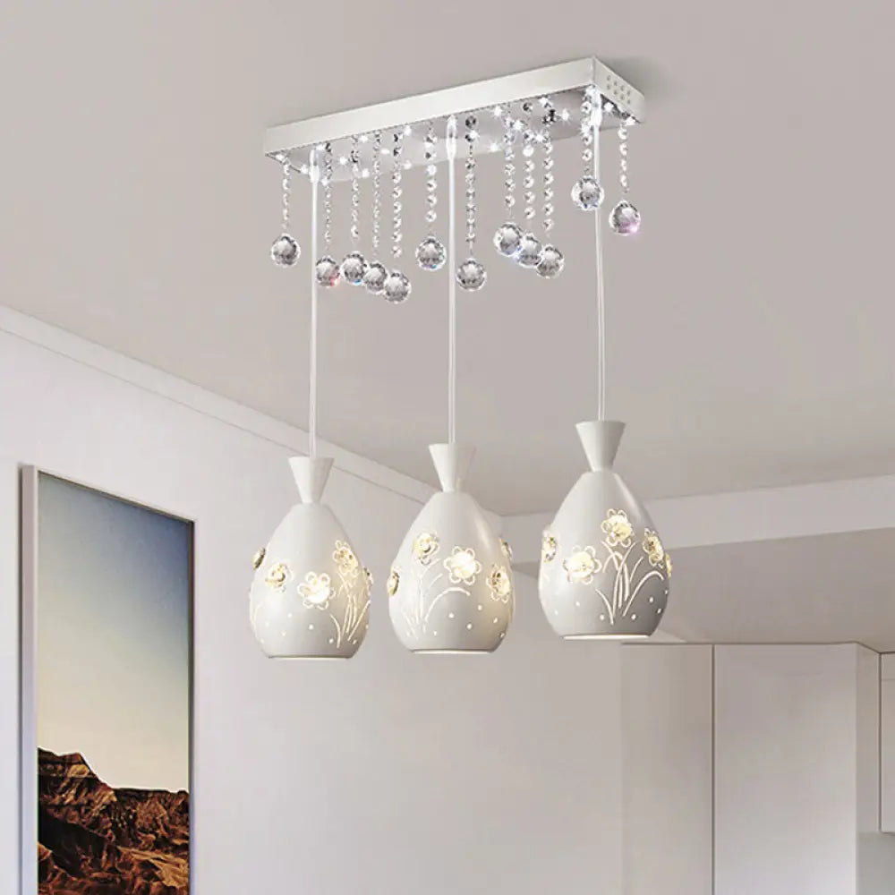 Modern 3-Light White Ceiling Lamp With Crystal Droplet And Hollow-Out Floret Design