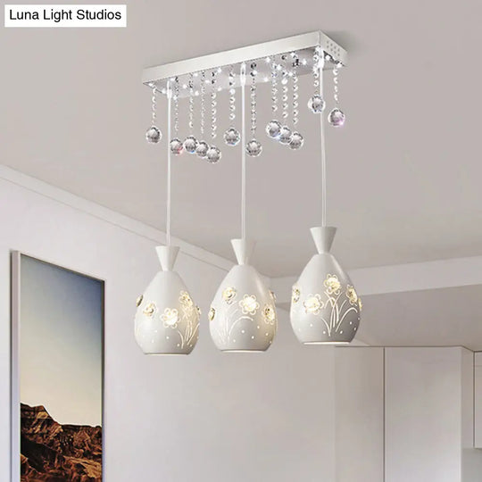 Modern Hollow-Out Floret Iron Multi-Light Ceiling Lamp With Crystal Droplet - 3-Light Pendant White