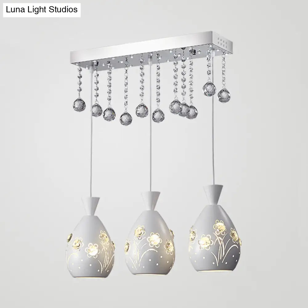 Modern 3-Light White Ceiling Lamp With Crystal Droplet And Hollow-Out Floret Design