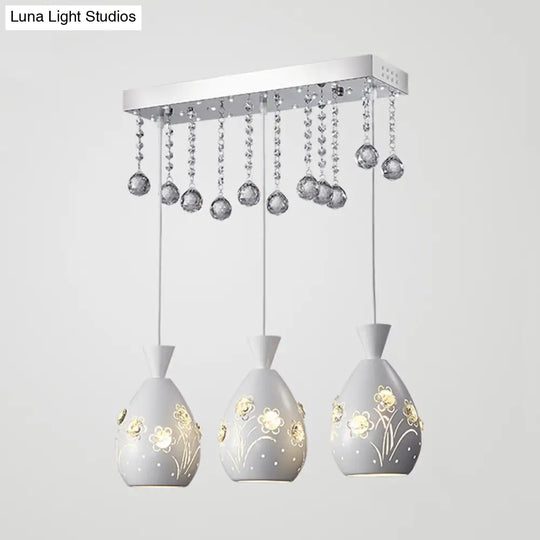 Modern 3-Light White Ceiling Lamp With Crystal Droplet And Hollow-Out Floret Design