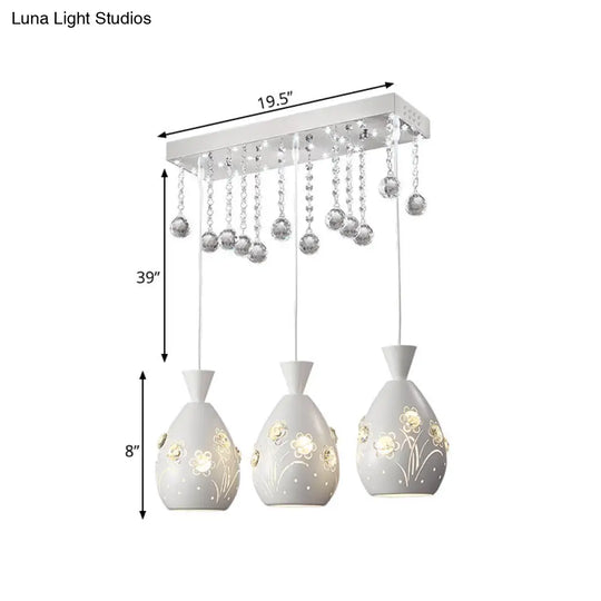 Modern Hollow-Out Floret Iron Multi-Light Ceiling Lamp With Crystal Droplet - 3-Light Pendant