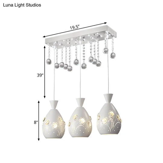 Modern 3-Light White Ceiling Lamp With Crystal Droplet And Hollow-Out Floret Design