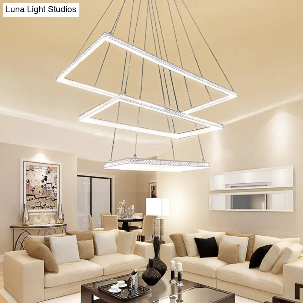 Modern 3-Light White Rectangular Chandelier - Ceiling Pendant Lamp Fixture In Multiple Lighting