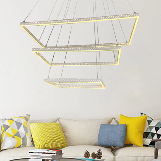 Modern 3-Light White Rectangular Chandelier - Ceiling Pendant Lamp Fixture In Multiple Lighting