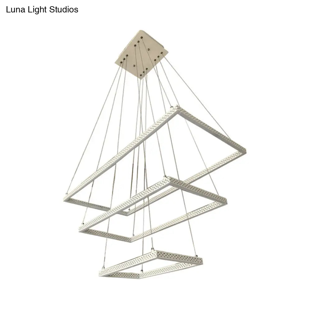 Modernist White Rectangular Chandelier - 3 Light Metal Pendant Ceiling Lamp In White/Warm/Natural