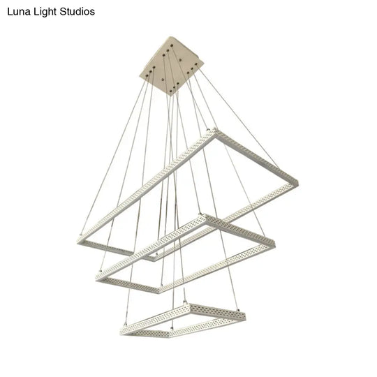 Modernist White Rectangular Chandelier - 3 Light Metal Pendant Ceiling Lamp In White/Warm/Natural