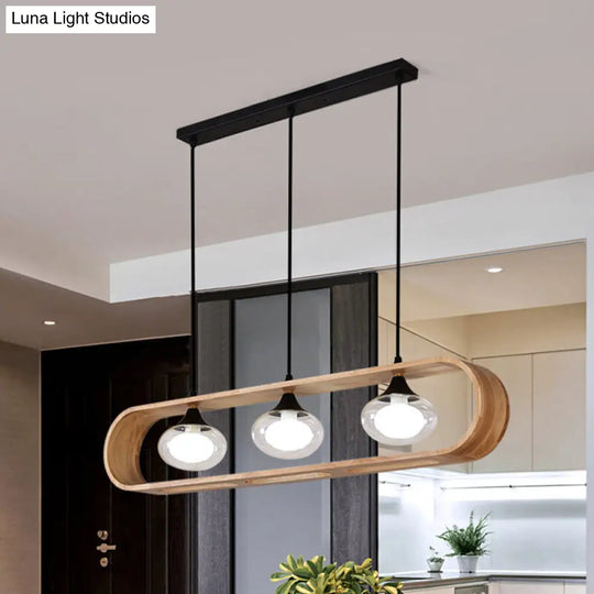 Modern Beige Wood Pendant Lamp With Clear Oval Glass Shades - Triple Head Hanging Lighting