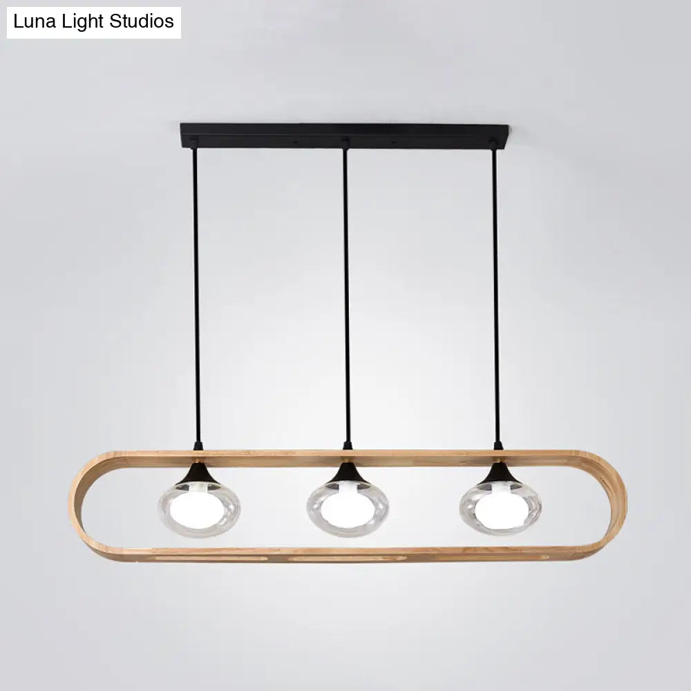 Modern 3-Light Wood Pendant Lamp With Clear Glass Shades In Beige Rectangle Design