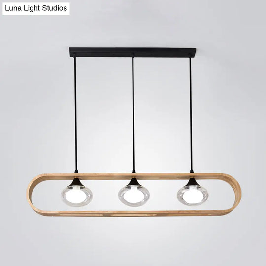 Modern 3-Light Wood Pendant Lamp With Clear Glass Shades In Beige Rectangle Design