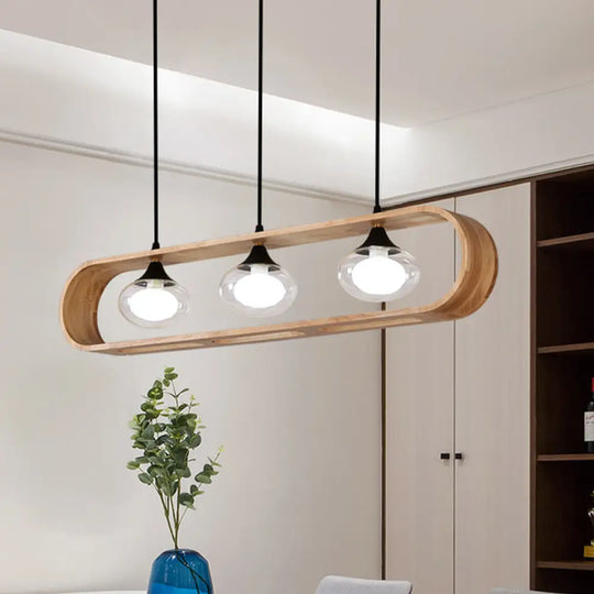 Modern 3-Light Wood Pendant Lamp With Clear Glass Shades In Beige Rectangle Design