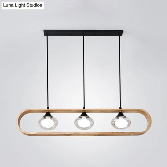 Modern Beige Wood Pendant Lamp With Clear Oval Glass Shades - Triple Head Hanging Lighting