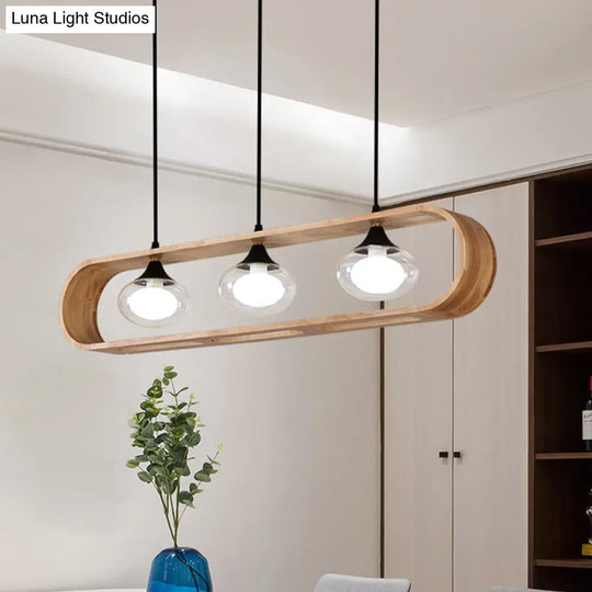 Modern Beige Wood Pendant Lamp With Clear Oval Glass Shades - Triple Head Hanging Lighting