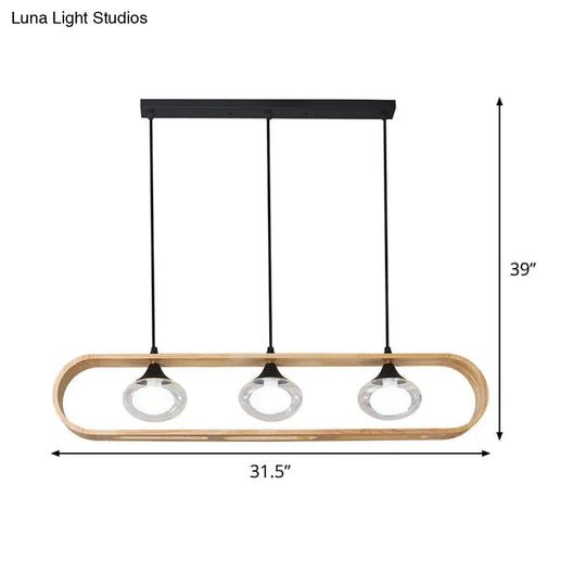 Modern Beige Wood Pendant Lamp With Clear Oval Glass Shades - Triple Head Hanging Lighting