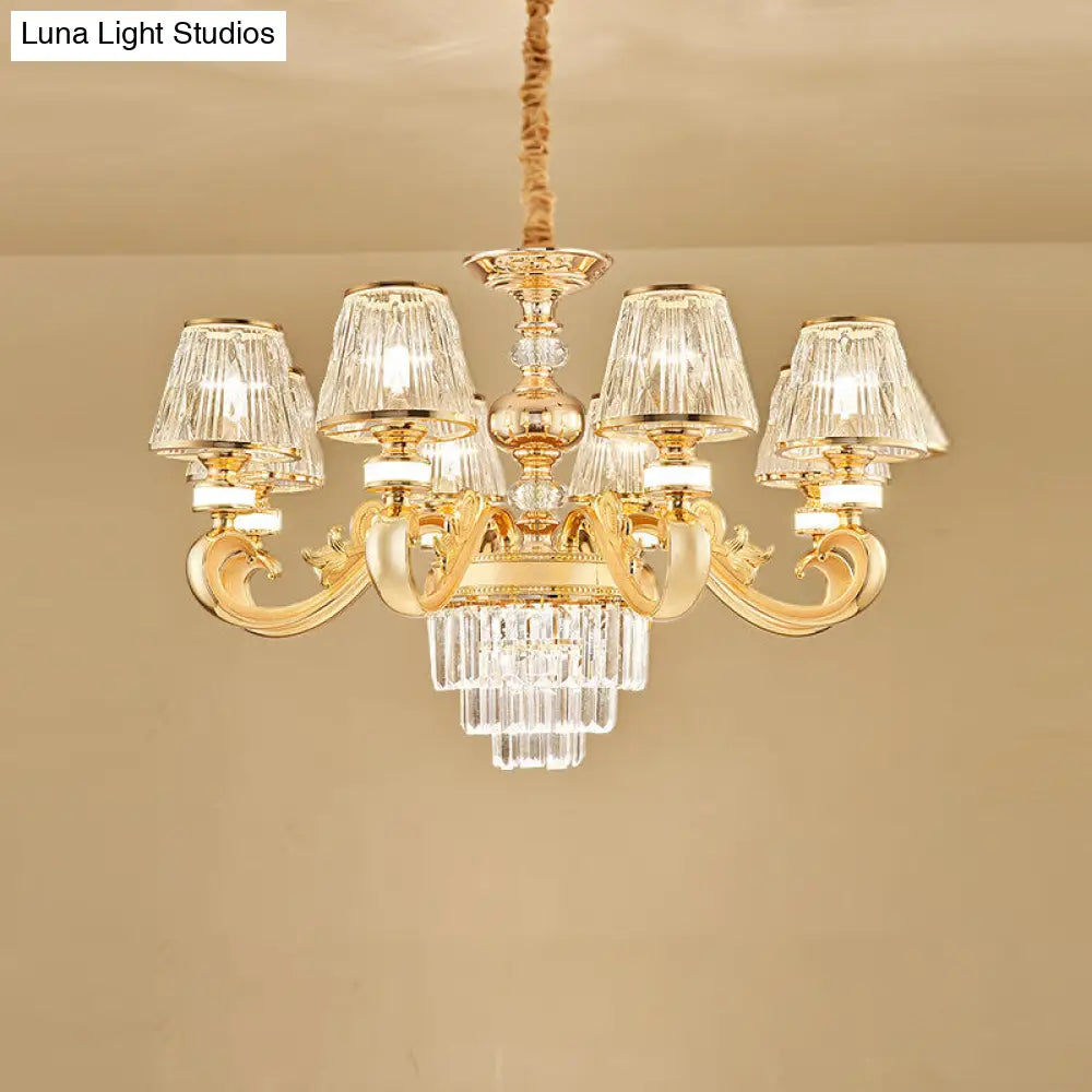 Modern 3-Tier Crystal Chandelier With Conic Shade - Gold Finish 6/8 Heads Living Room Hanging Lamp