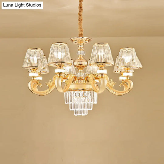 Modern 3-Tier Crystal Chandelier With Conic Shade - Gold Finish 6/8 Heads Living Room Hanging Lamp