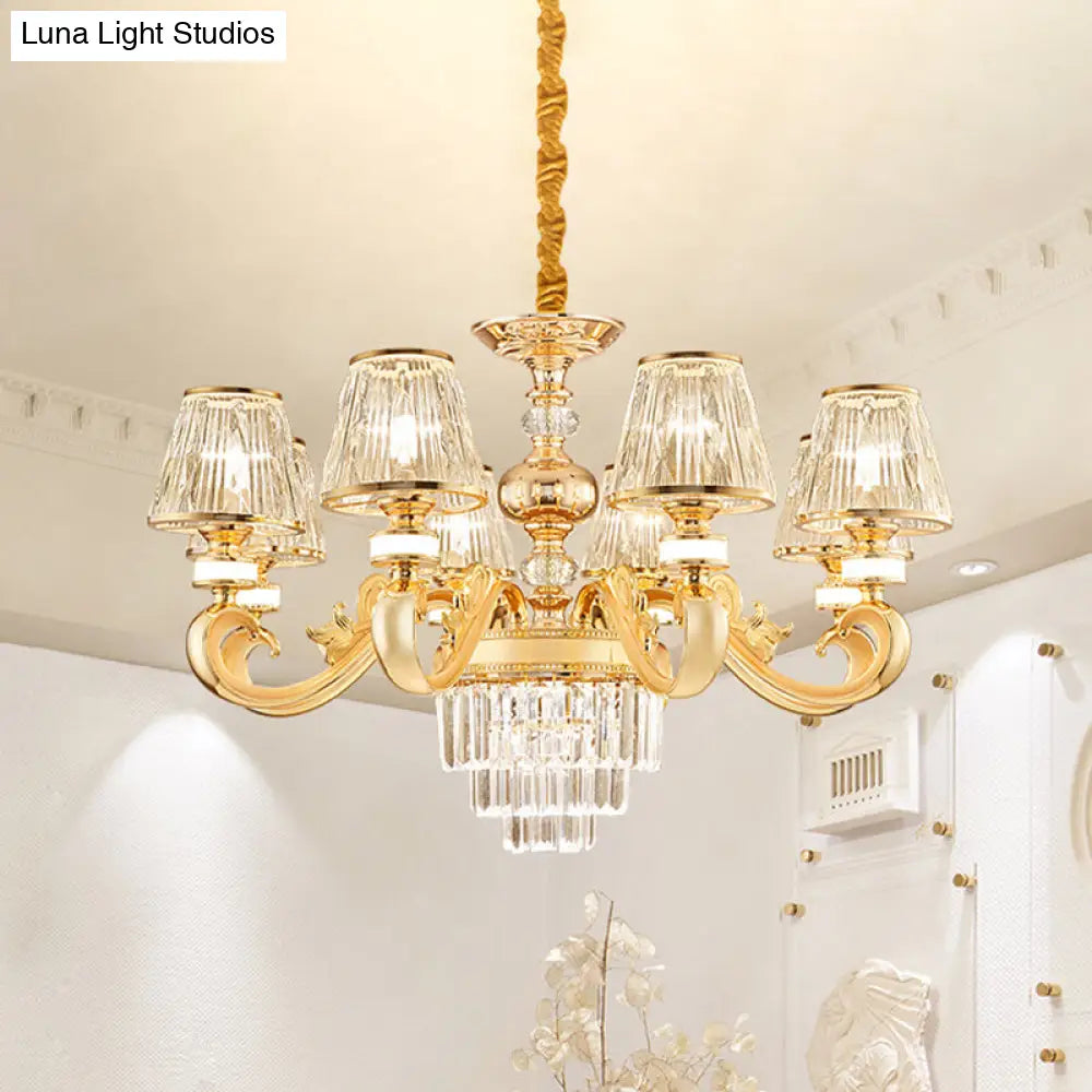 Modern 3-Tier Crystal Chandelier With Conic Shade - Gold Finish 6/8 Heads Living Room Hanging Lamp