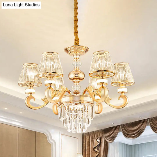 Modern 3-Tier Crystal Chandelier With Conic Shade - Gold Finish 6/8 Heads Living Room Hanging Lamp