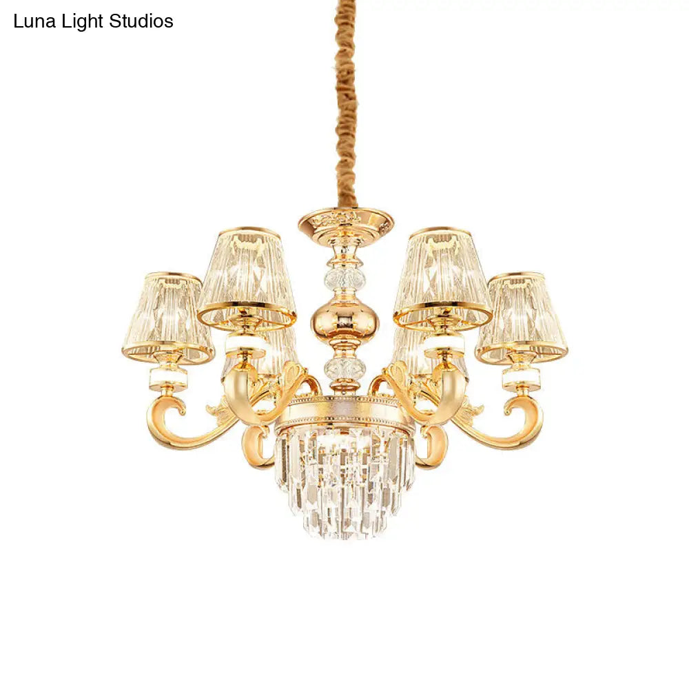 Modern 3-Tier Crystal Chandelier With Conic Shade - Gold Finish 6/8 Heads Living Room Hanging Lamp