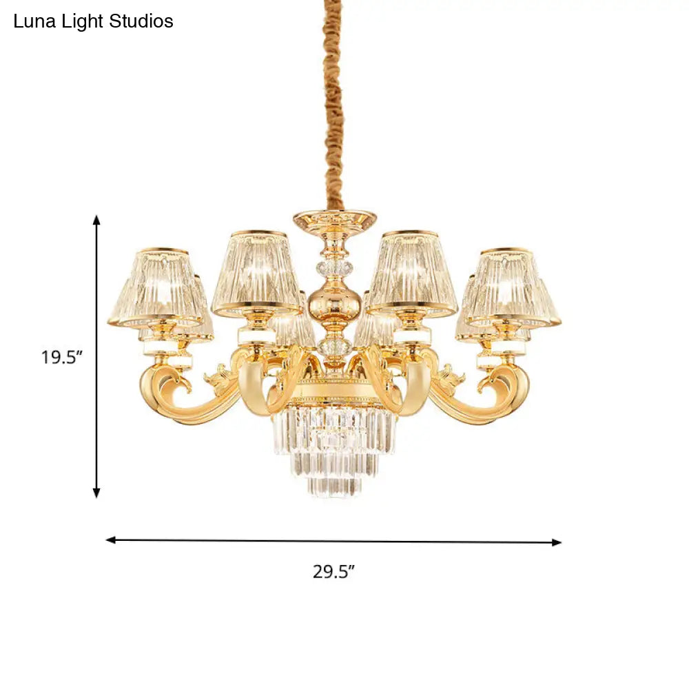 Modern 3-Tier Crystal Chandelier With Conic Shade - Gold Finish 6/8 Heads Living Room Hanging Lamp