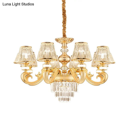 Modern 3-Tier Crystal Chandelier With Conic Shade - Gold Finish 6/8 Heads Living Room Hanging Lamp