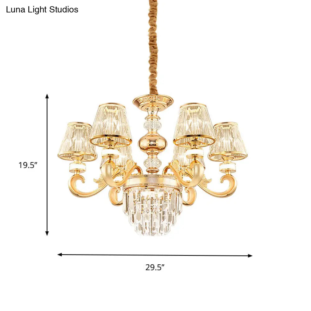 Modern 3-Tier Crystal Chandelier With Conic Shade - Gold Finish 6/8 Heads Living Room Hanging Lamp