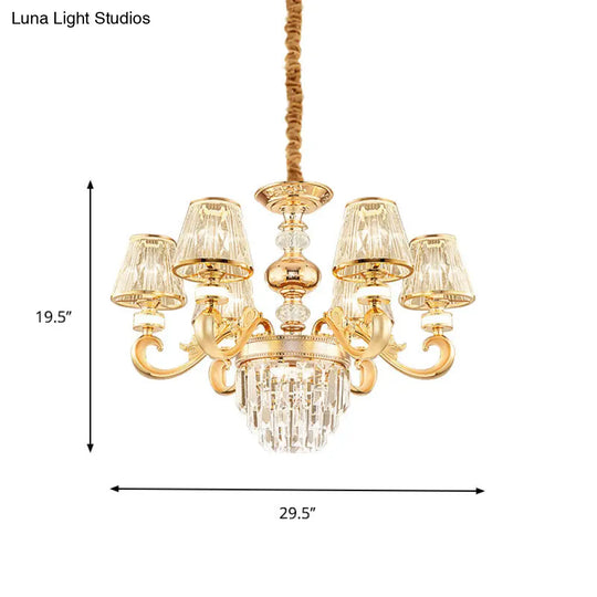 Modern 3-Tier Crystal Chandelier With Conic Shade - Gold Finish 6/8 Heads Living Room Hanging Lamp